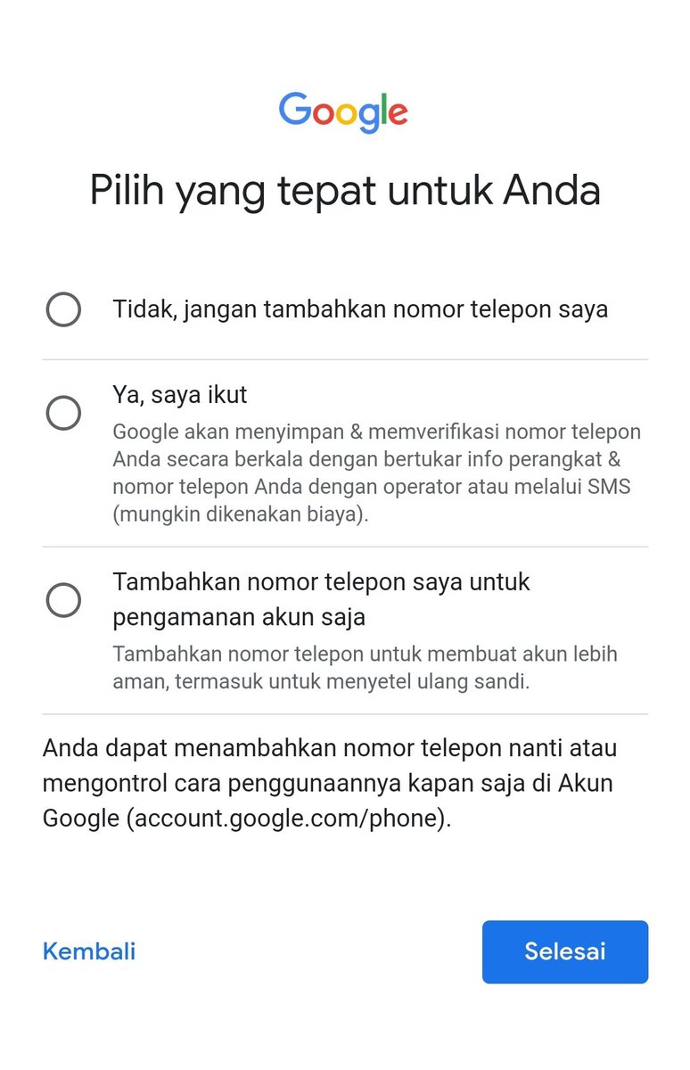 Opsi nomor telepon untuk membuat akun Gmail baru