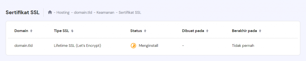 Tampilan dashboard SSL untuk domain di hPanel. Sertifikat SSL masih dalam proses instalasi.