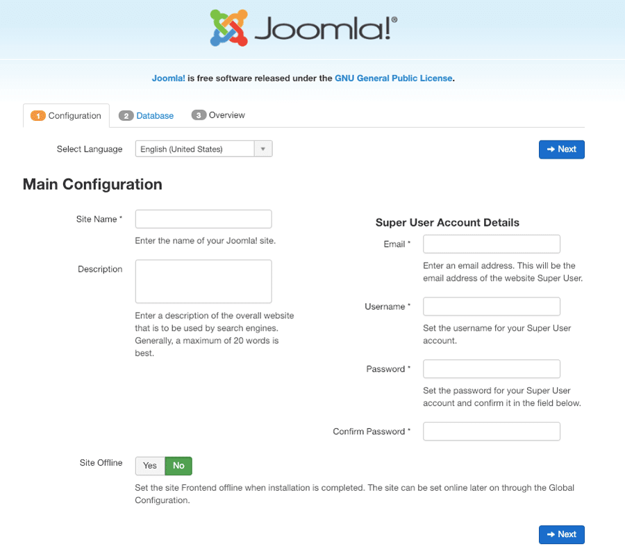 Install Joomla secara manual: Main Configuration