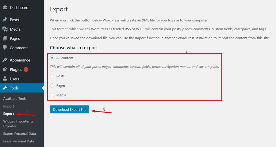 Halaman ekspor data dalam cara export WordPress