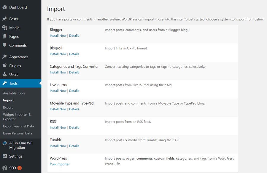 Tampilan halaman WordPress importer