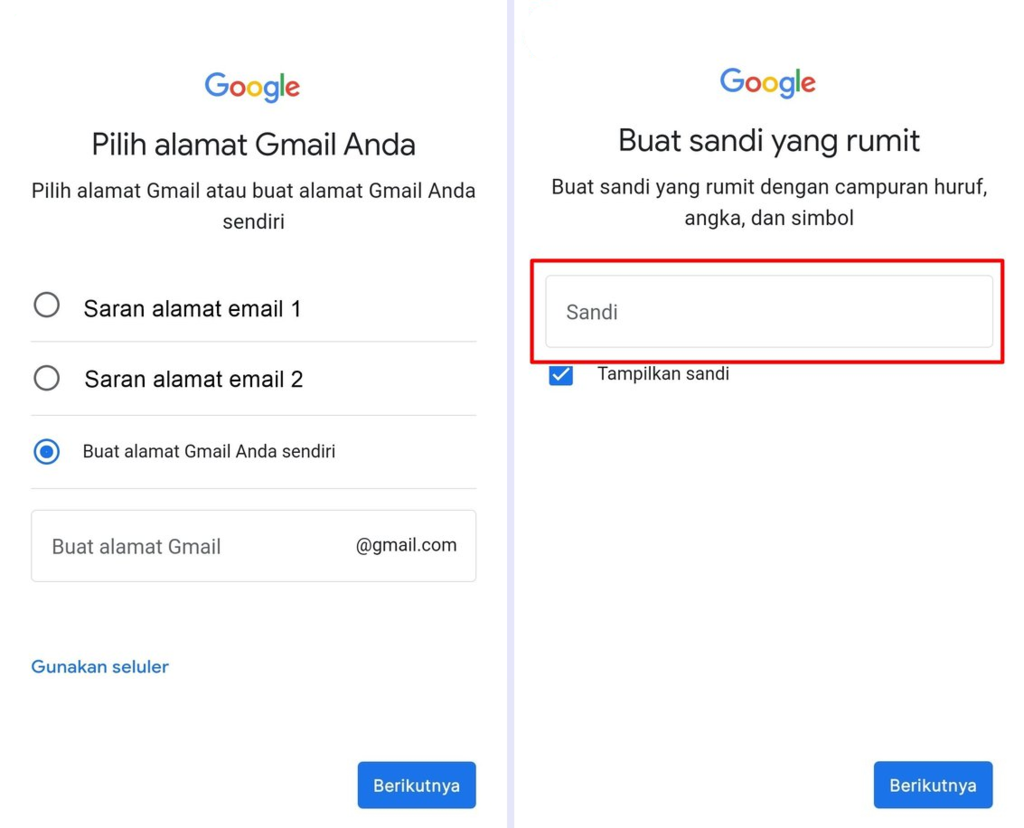 pilih alamat email dan sandi untuk daftar gmail