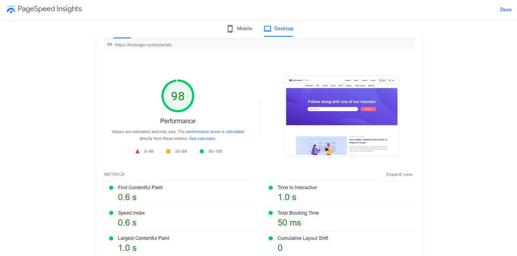green score pagespeed insights