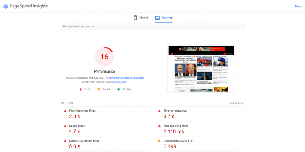 red score pagespeed insights