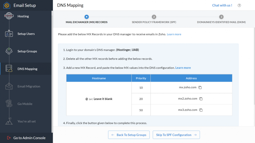 dns mapping di zoho mail