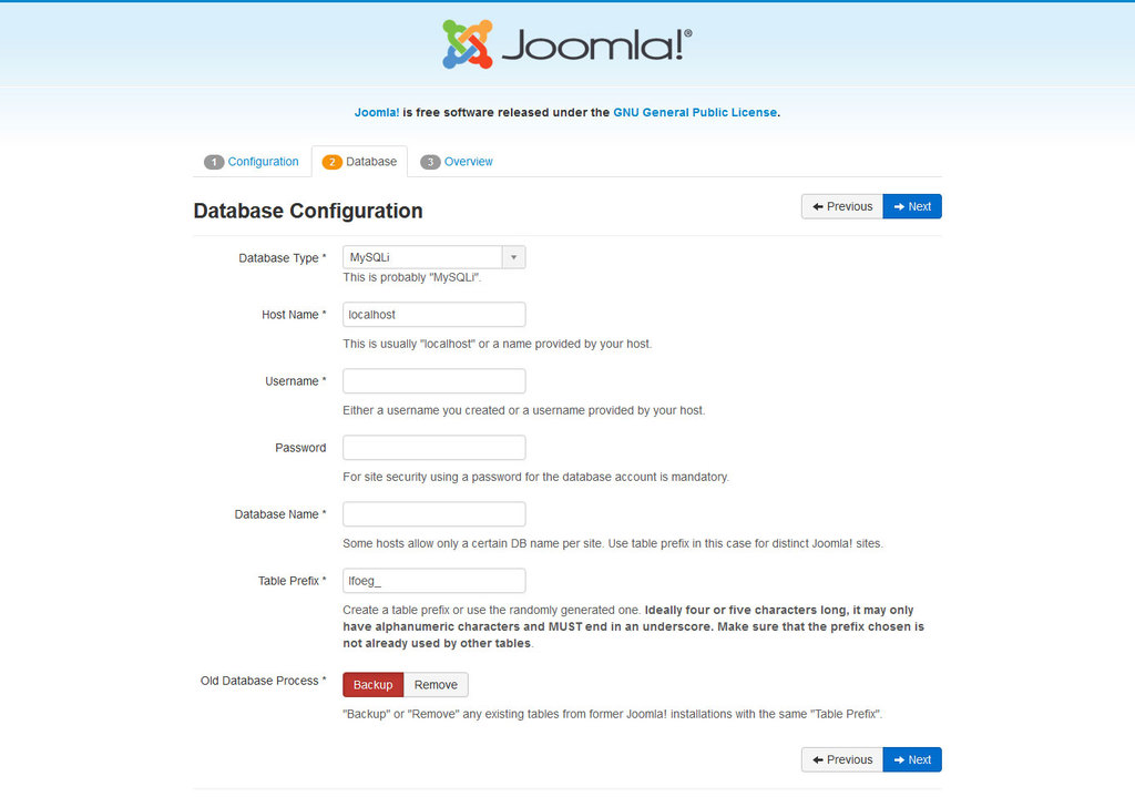 Halaman Database Configuration Joomla