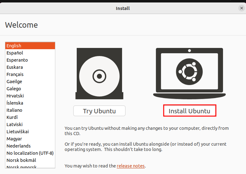 langkah memilih bahasa di ubuntu installer