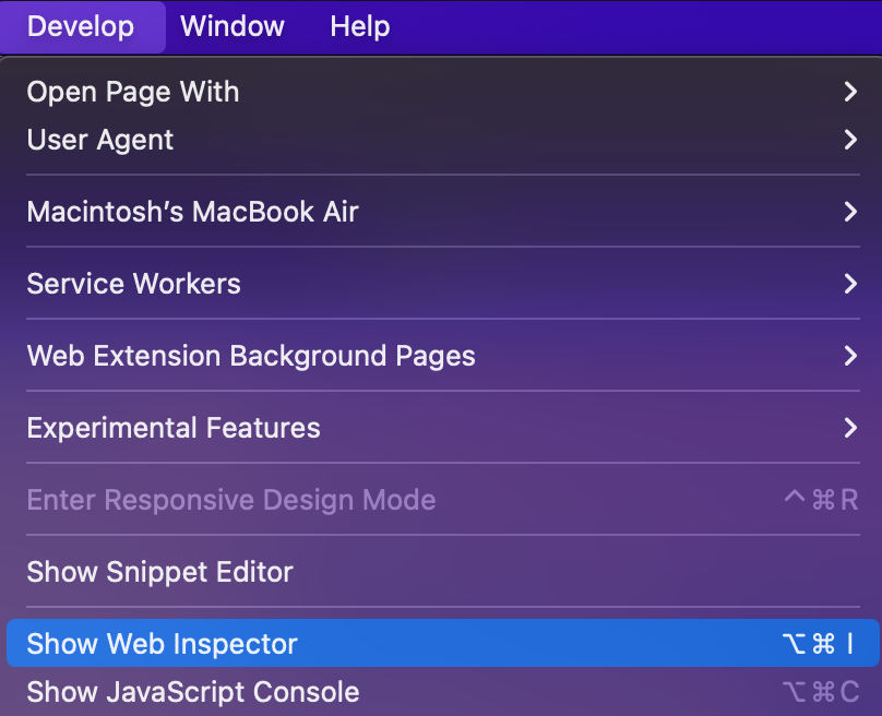 menampilkan web inspector di safari