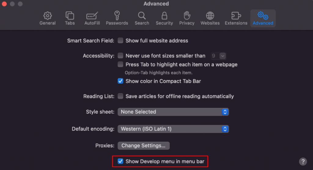 mengaktifkan develop menu di safari