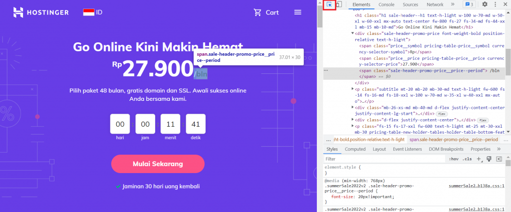 mengecek info css elemen di chrome