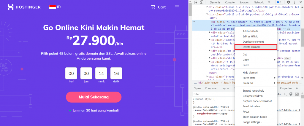 menghapus kode elemen di chrome