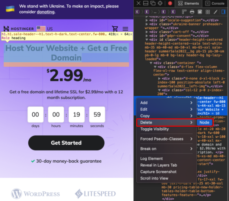 menghapus node dengan web inspector