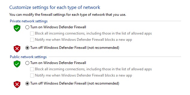 menonaktifkan windows defender firewall