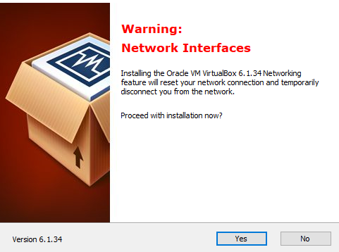 peringatan antarmuka jaringan VirtualBox installer