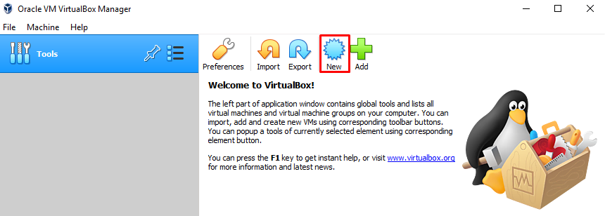 tombol VirtualBox untuk membuat VM baru