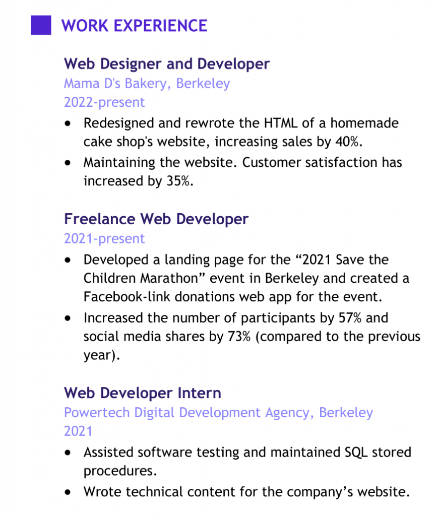 bagian pengalaman kerja entry-level web developer mencantumkan pencapaian yang terkait dengan pengembangan web
