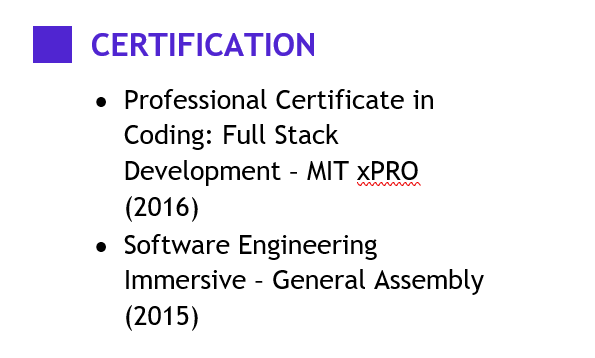 bagian sertifikasi di resume web developer menunjukkan sertifikat terkait dengan skill yang tercantum