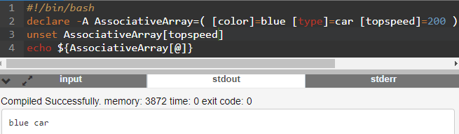 skrip bash berisi command associative array untuk menghapus elemen array