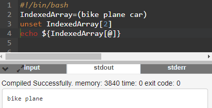 skrip bash berisi command unset untuk menghapus elemen array