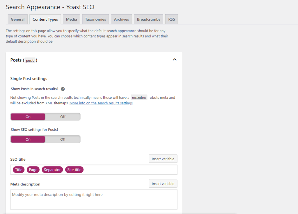 Content Types pada Search Appearance Yoast