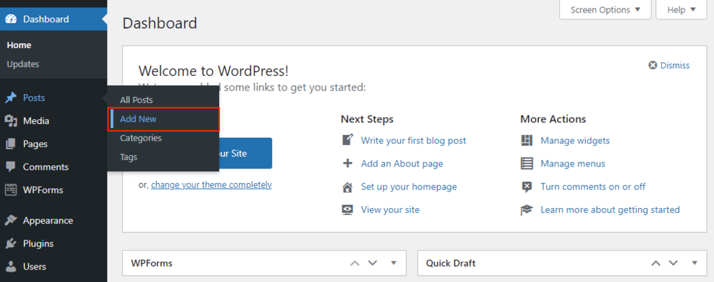 Tombol "Add New" untuk membuat postingan blog baru pada WordPress