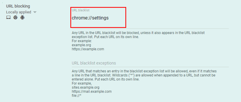 contoh blokir URL di Google Admin Console