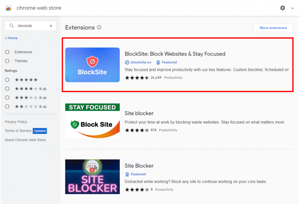 hasil pencarian BlockSite di Chrome Web Store