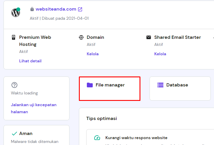 Opsi file manager di hPanel