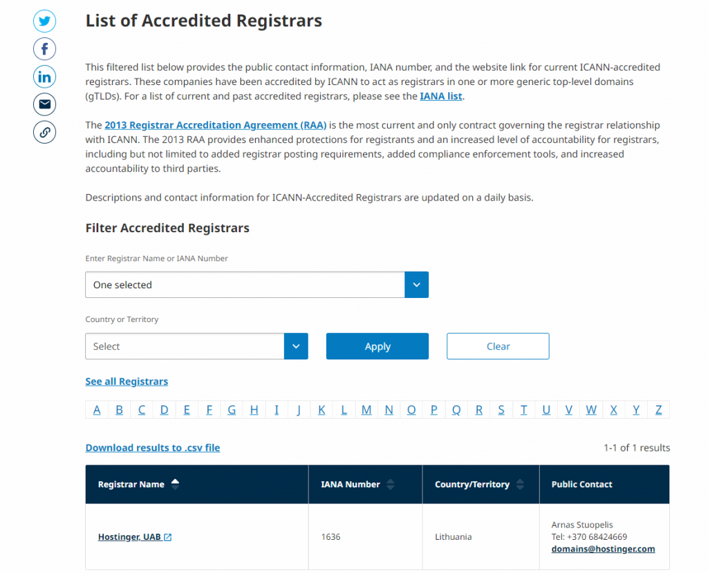 hostinger sudah terdaftar di icann sebagai registrar resmi