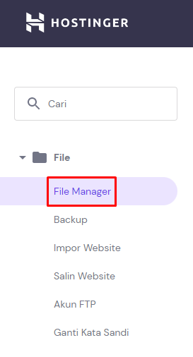 Menu File Manager di antarmuka hPanel
