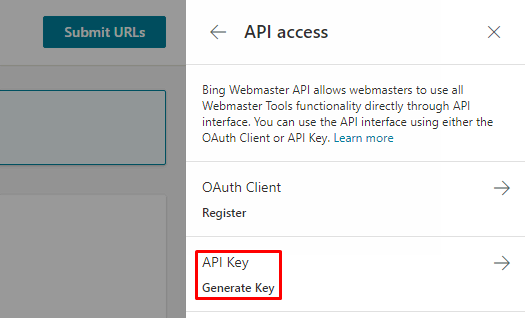 api key bing webmaster tools