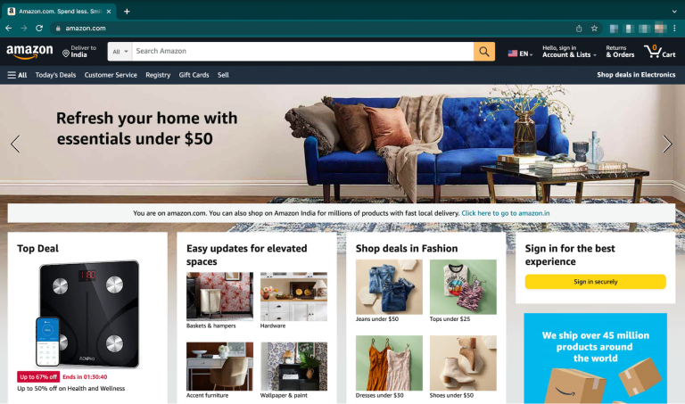 Contoh situs web dinamis brand eCommerce terkenal Amazon.com