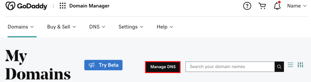 GoDaddy domain manager dengan tombol Manage DNS disorot