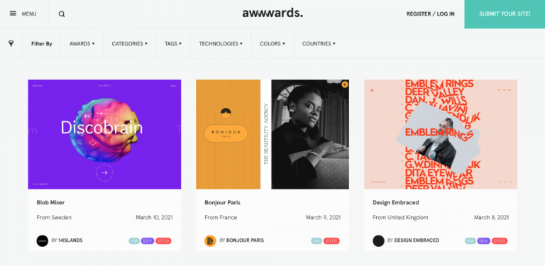 Homepage platform desain web Awwwards