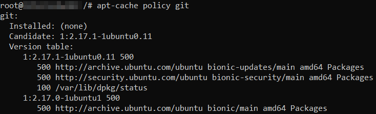 cmd menampilkan command untuk mengecek versi git yang akan diinstal menggunakan apt package manager di Ubuntu 20.04