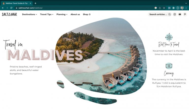 halaman utama contoh website blog travel yang membahas tentang maldives