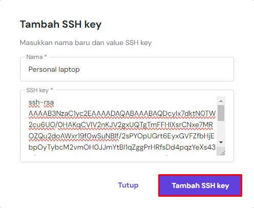 popup di hpanel untuk menambahkan nama dan ssh key untuk ssh tanpa password