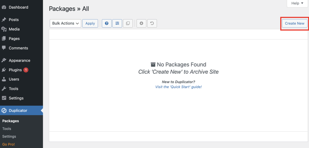 halaman pengaturan package Duplicator di WordPress dengan tombol Create New yang disorot