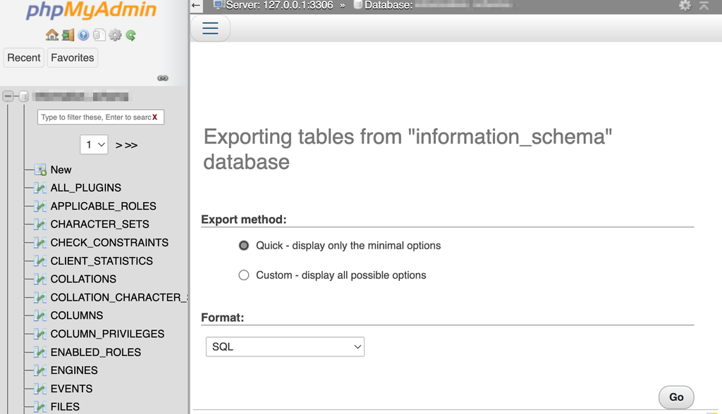 mengekspor tabel dari database information_schema dengan metode Quick export yang dipilih