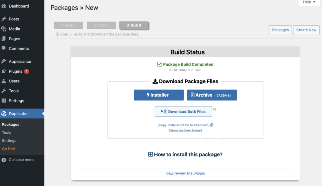 pesan yang menunjukkan pembuatan build package duplicator selesai, menampilkan opsi download file package di WordPress