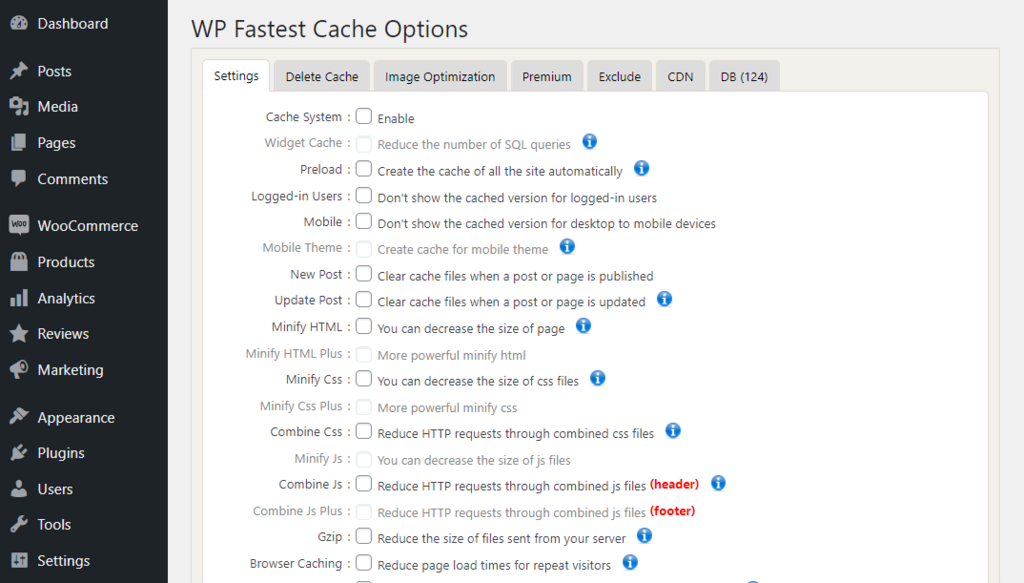 halaman pengaturan WP Fastest Cache menampilkan kotak centang cache plugin