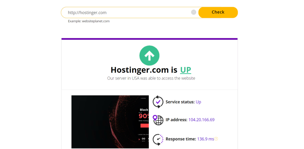 hasil uptime website hostinger dari website planet