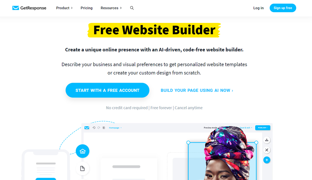 landing page Get Response AI website builder untuk toko online