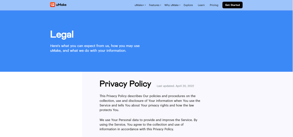 halaman kebijakan privasi Umake