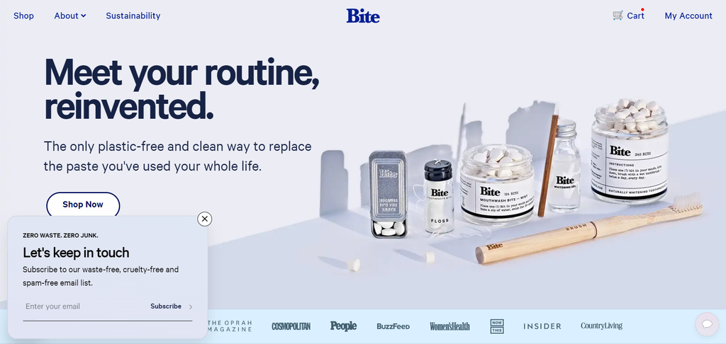 homepage Bite Toothpaste Bits sebagai salah satu contoh website toko online terbaik