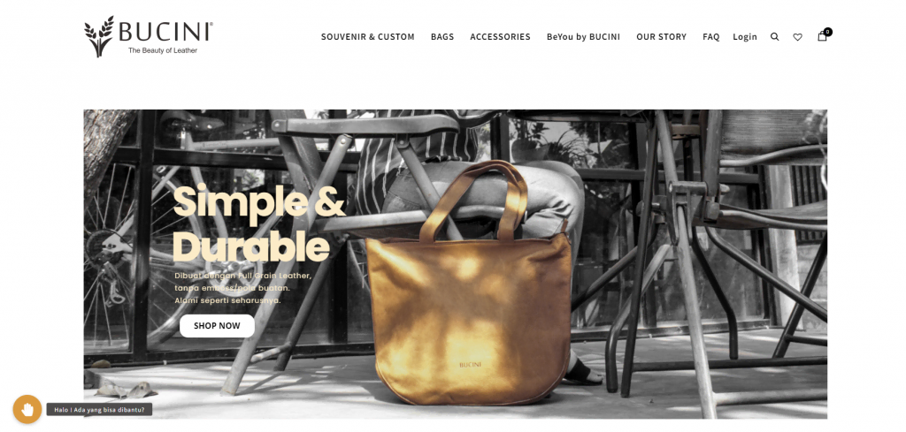 homepage bucini perusahaan produk kulit sebagai contoh website umkm