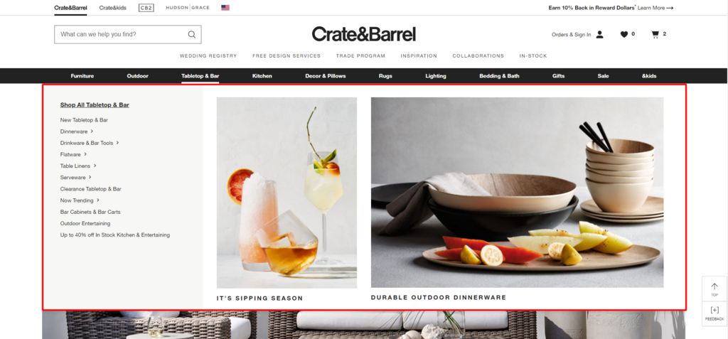 mega menu Crate Barrel menunjukkan subkategori meja dan bar serta dua foto produk yang relevan