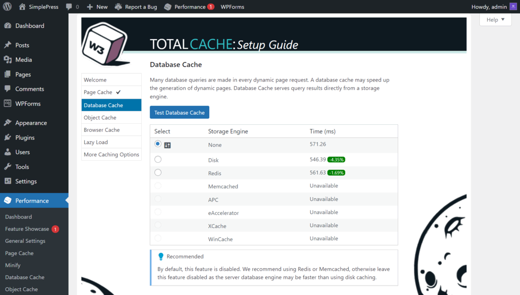 halaman cache database w3 total cache