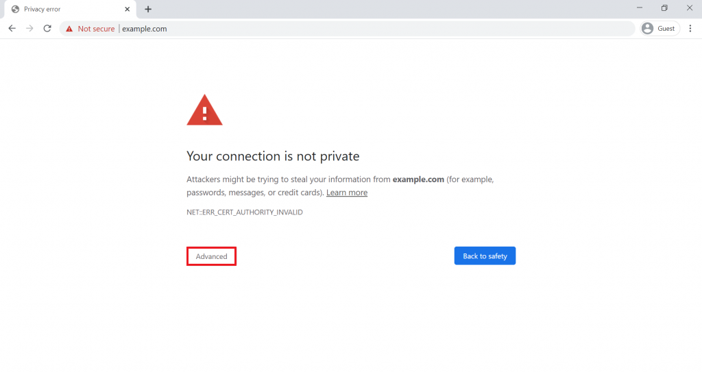 memilih menu lanjutan di chrome untuk membuka your connection is not private