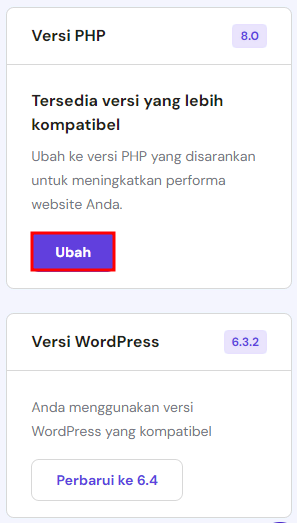 memilih tombol ubah untuk update php wordpress ke versi terbaru
